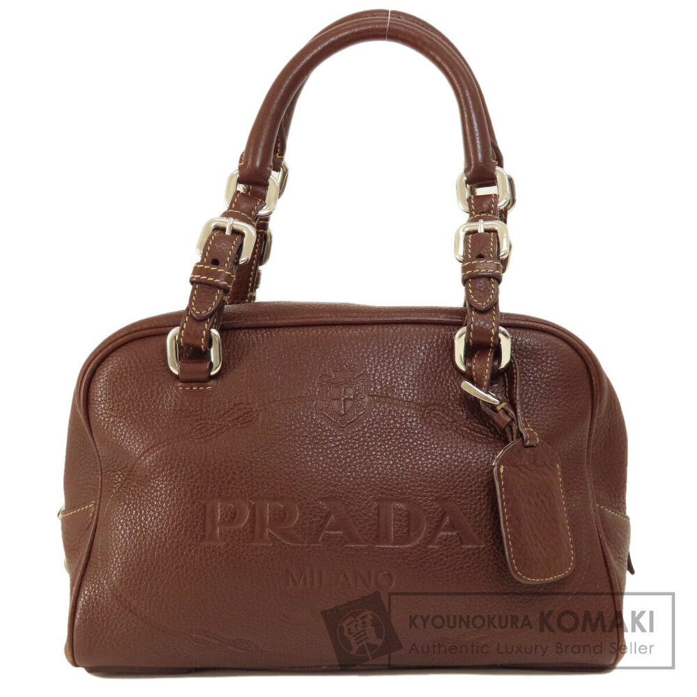 Prada Vitello Daino Bauletto Bowler handbag embossed logo Brown